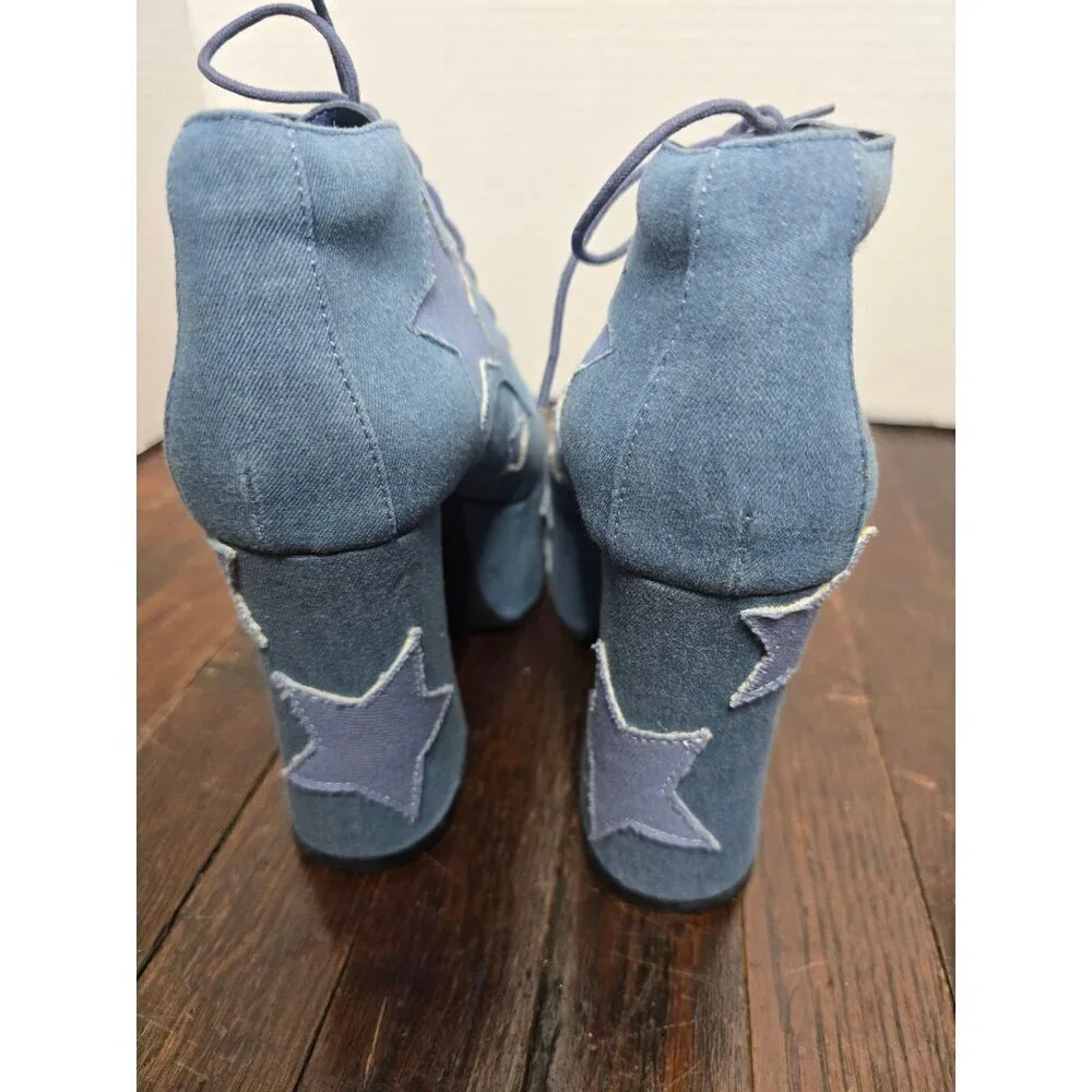 Dolls Kill Sugar Thrillz Shoot For the Stars Playhaus Platforms Denim sz 8